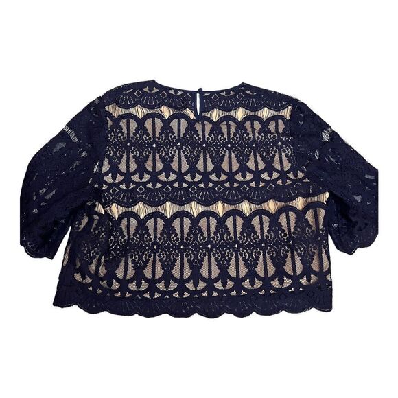 {tl} The Letter Top Women’s L Blue Crop Lace Mesh Abstract Romantic Short Sleeve - Picture 13 of 14